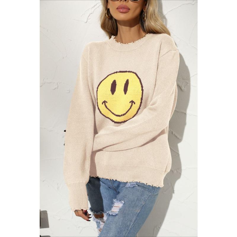 Женский осенне-зимний темпераментный свободный вязаный джемпер с круглым вырезом и смайликом S абрикосовый