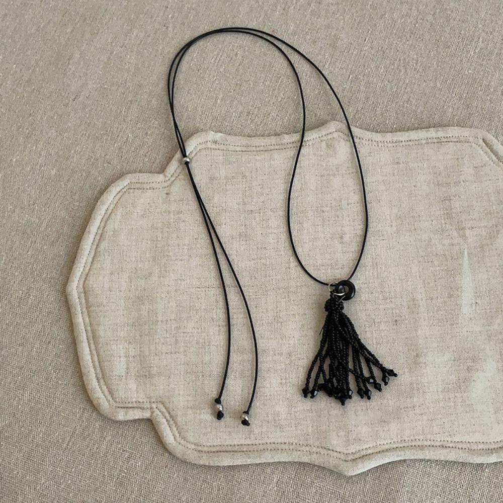 

Adjustable Length Bead Long Necklace Black Rope Chain Chokers Women Fashion Pulling