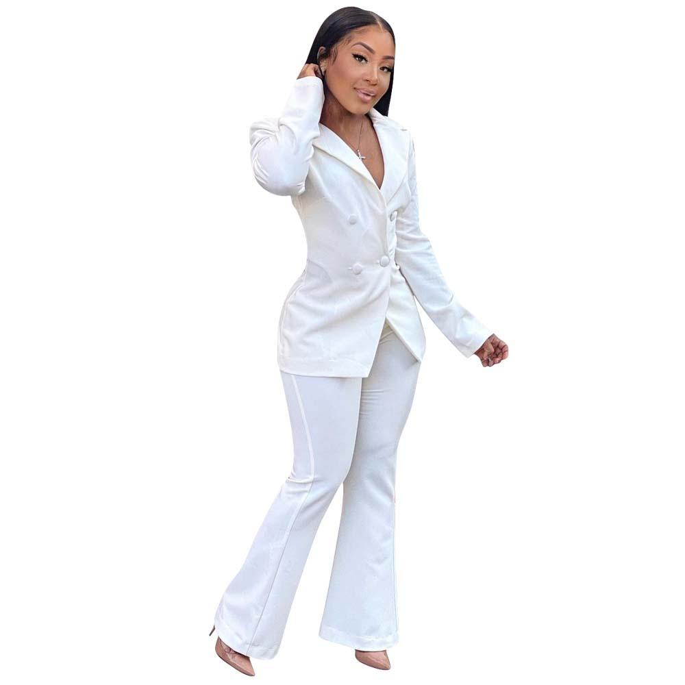 Autumn Winter Women's Solid Color Blazer Set, Relaxed Fit Two Piece Suit with Wide Leg Pants, Office Casual Coord for Business & Daily Wear