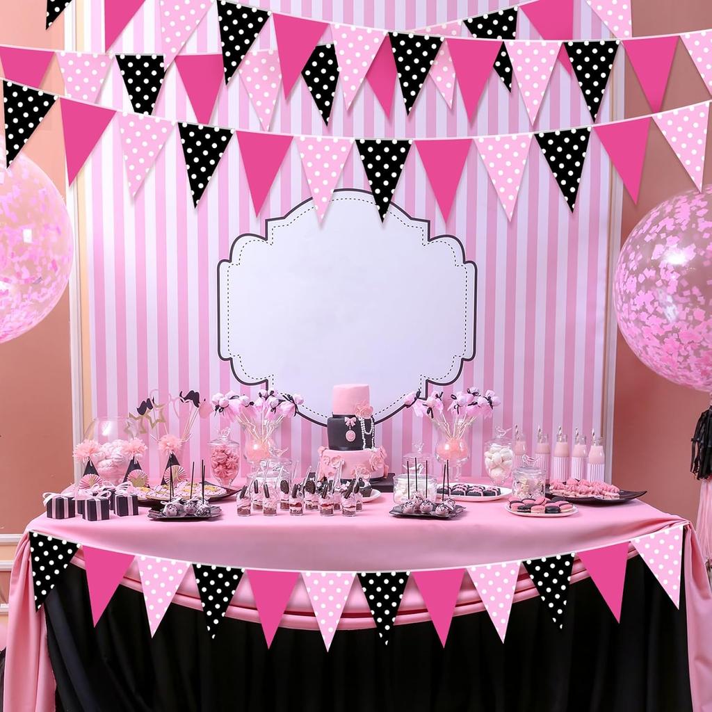 Faccito 60 Pcs Mouse Color Banner Decorations 49 ft Rose Hot Pink and Black Pennant Flag Banner Mouse Theme Paper Triangle Bunting Decor for Outdoor