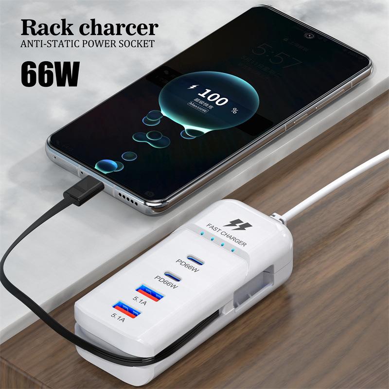 66W PD Fast Charging Wall USB Chargers USB Hub Adapter 4 Ports USB Type C EU US UK Plug Extension Type C Cable Socket Outlet