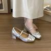 Pink satin bow high-heeled Mary Jane shoes, women's new super foreign thick heel soft-soled ballet single shoes
