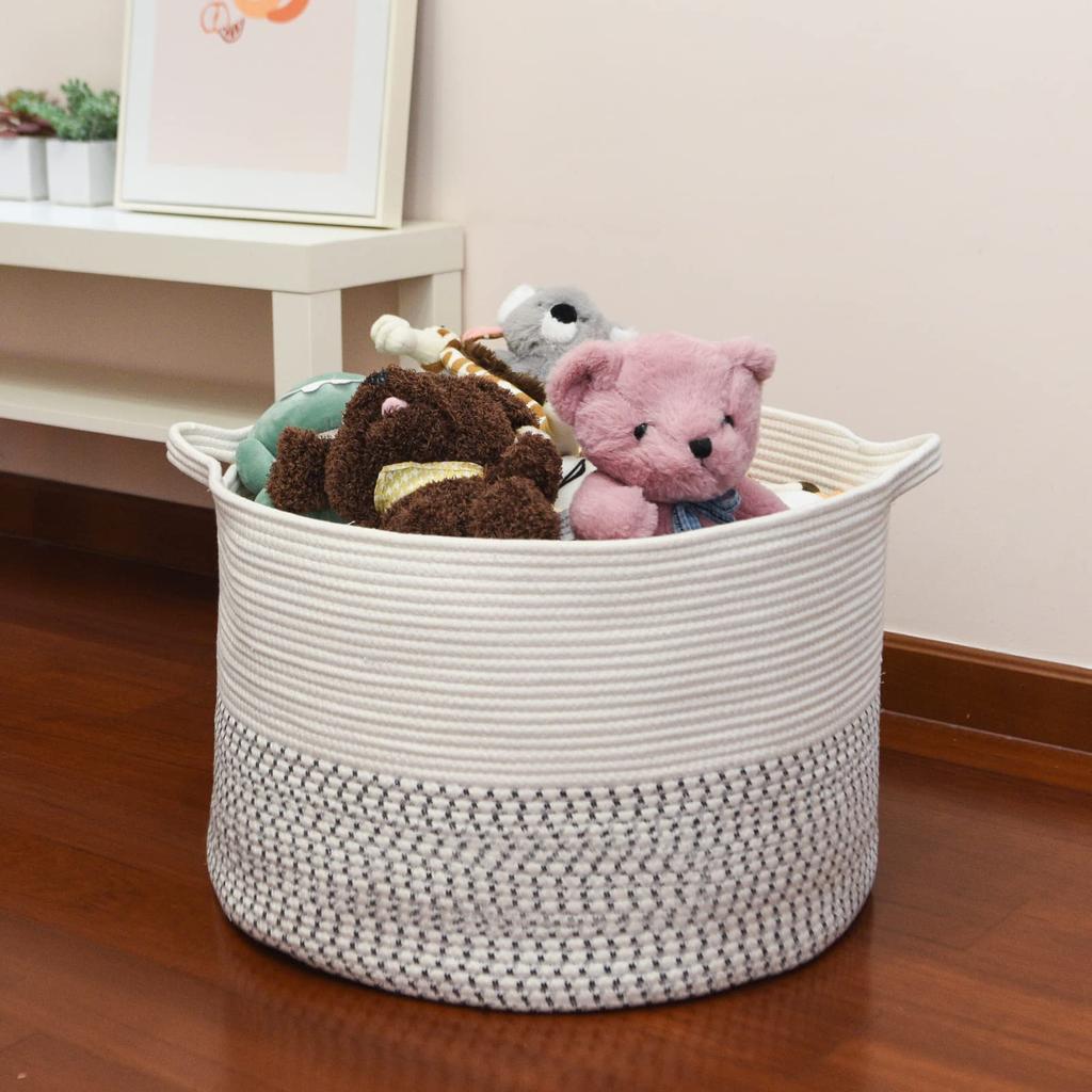 Toplife Cotton Rope Laundry Basket with Handles, Beige and Gray, 55 x 55 x 35 cm