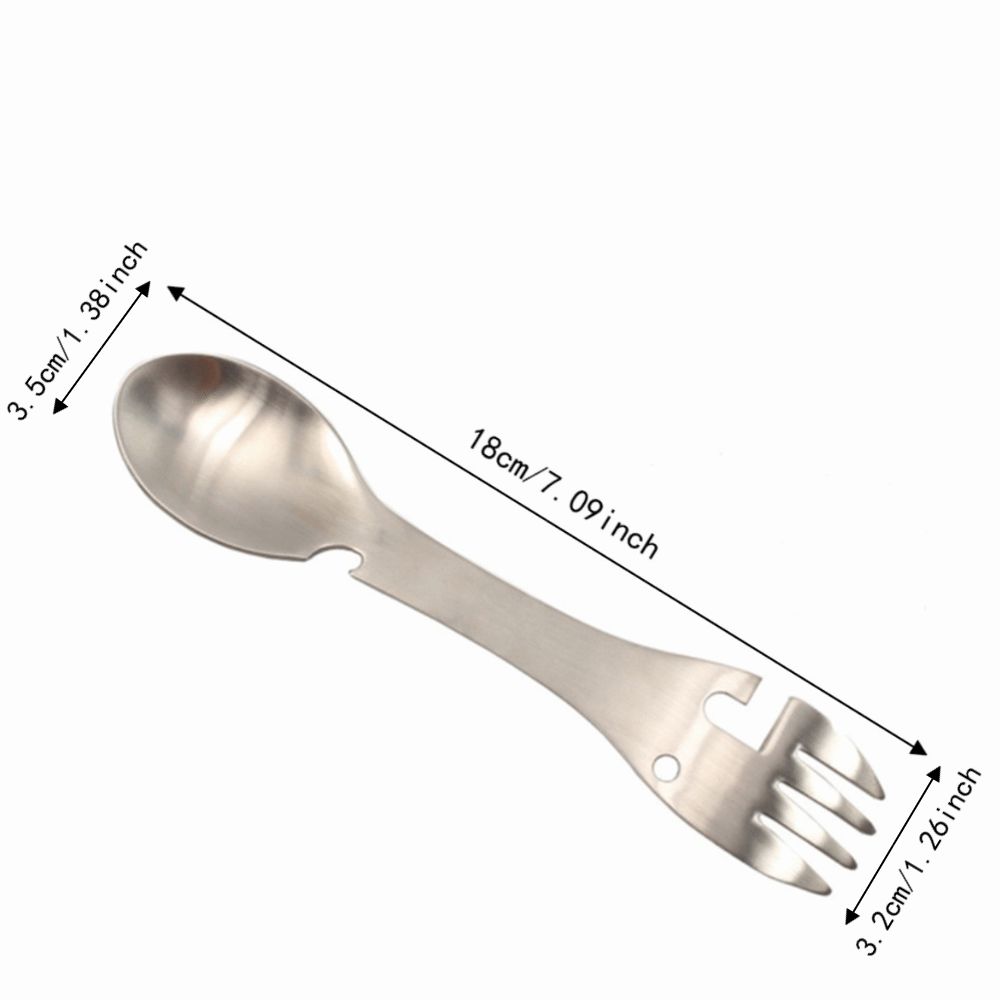 2 Pack Durable 5-in-1 Camping Spoon Fork Bottle Opener Matte Silver Outdoor Cutlery Multifunctional Picnic Utensil Travel