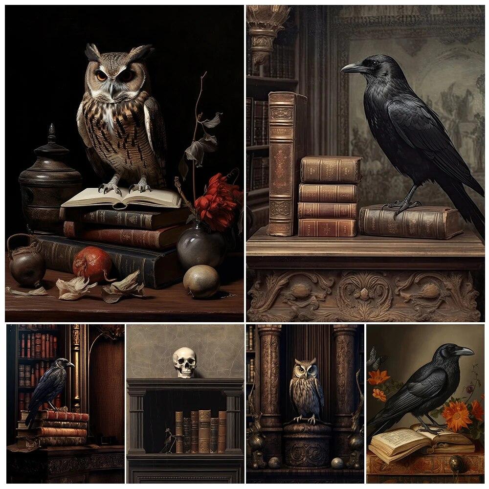 

Вороны, совы и древние магические книги, винтажная настенная живопись на холсте, темная академия, элемент колдовства, художественный плакат, украшение без рамки