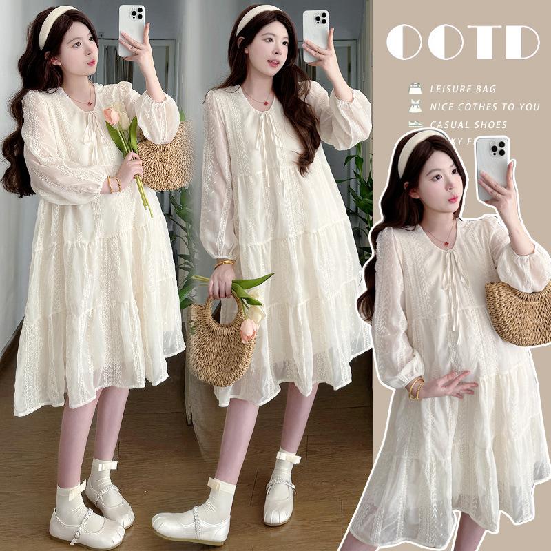 

Spring Gentle Maternity Dress: Plus Size, Tie Waist, Belly Cover, Slimming Mid-Length Style M