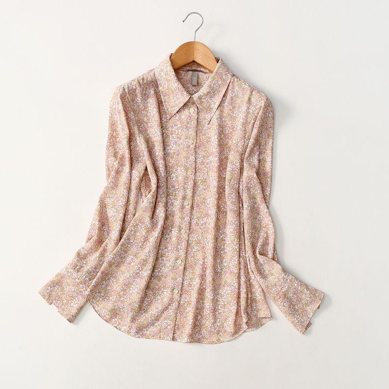 

Export Export Fashion Printing Lapel Long Sleeves Satin Chiffon Shirt Spring & Fall Loose Casual plus Size Women s Clothing Pink floral XXL