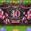 2D 40th Birthday Photography Backdrop Pink Black Background with Crown, Balloons and Cake