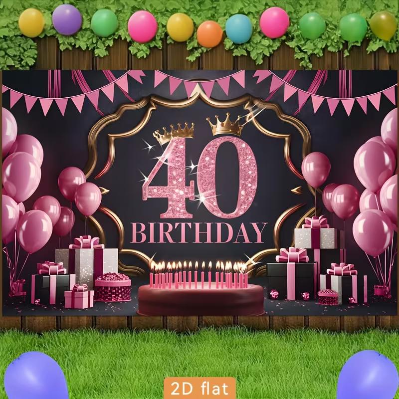 2D 40th Birthday Photography Backdrop Pink Black Background with Crown, Balloons and Cake