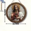 2D Flat Vintage Round Wooden Wall Decor - Sacred Heart of Jesus Religious Decoration, No Power Needed, Ideal Holiday Gift, Home Decor for Living
