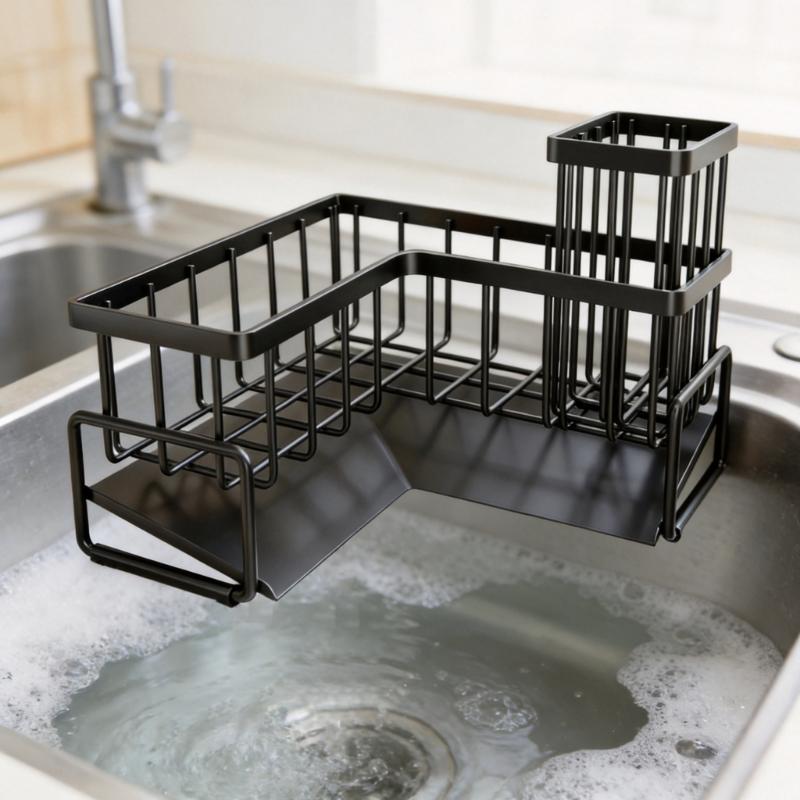 Carbon Steel Kitchen Sink Rack with Separate Storage Sections, a Water-Catching Bottom Tray and Freestanding Placement for Cleaning Supplies