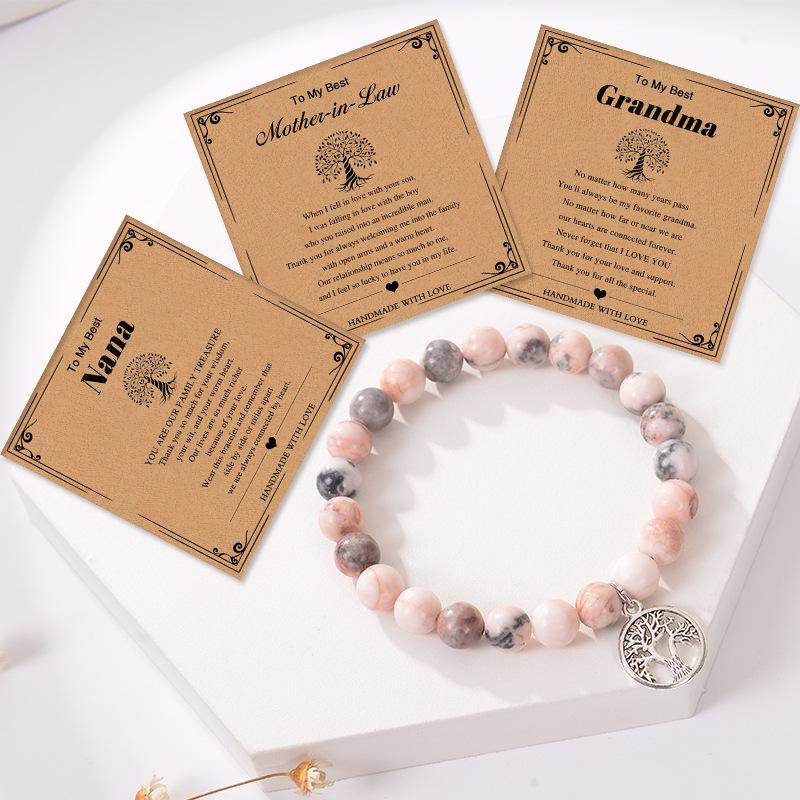 Nana Pink Zebra Stone Tree of Life Bracelet with Pendant - Natural Stone Gift for Grandma