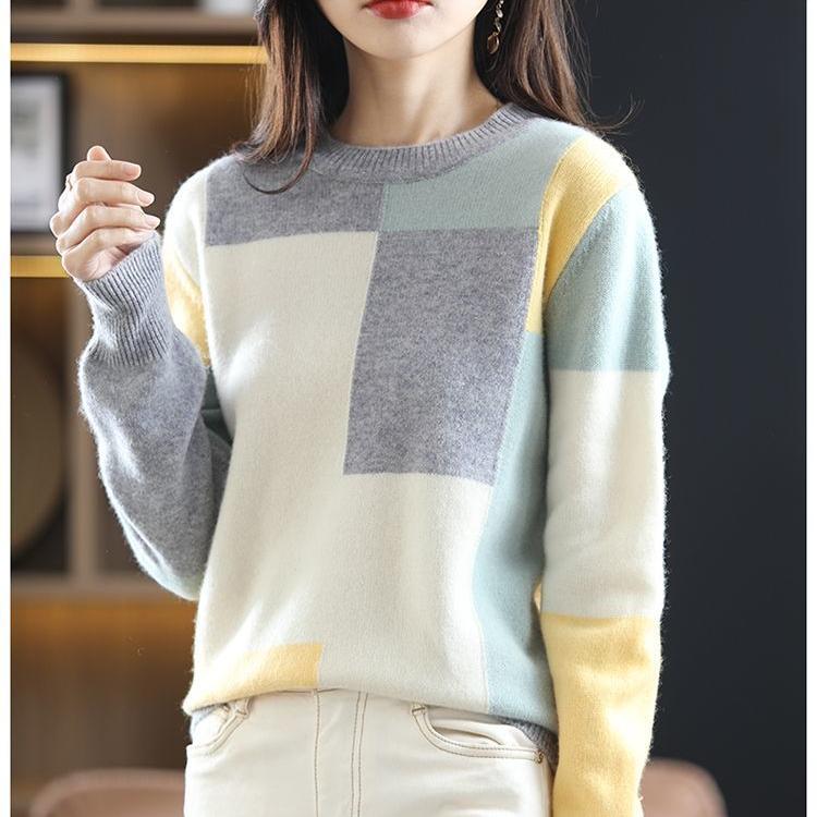 Spring Autumn Women's Crew Neck Color Block Sweater Long Sleeve Pullover Sweater Sweater Sweater Tops Jumper