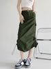 Cargo Midi Skirt Women Summer Slim High Waist Slit A-line Skirt Stitching Drawstring Female Streetwear Vintage Y2K Grey