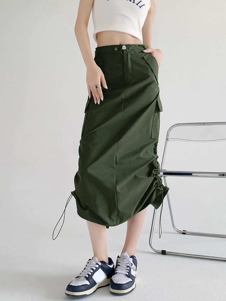 Cargo Midi Skirt Women Summer Slim High Waist Slit A-line Skirt Stitching Drawstring Female Streetwear Vintage Y2K Grey