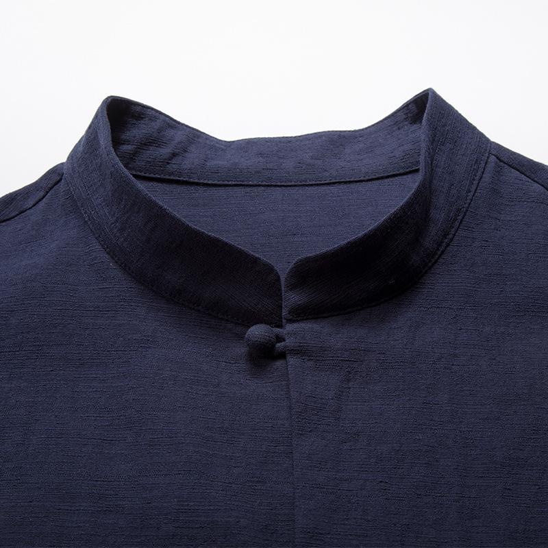 Men's Retro Cotton-Linen Summer Shirt with Stand Collar and Loose Five-Point Sleeves