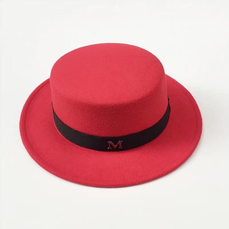 M Letter Fashion Flat Top Men's and Women's Leisure Travel Hat Tide Autumn and Winter Dome Retro British Woolen Top Hat