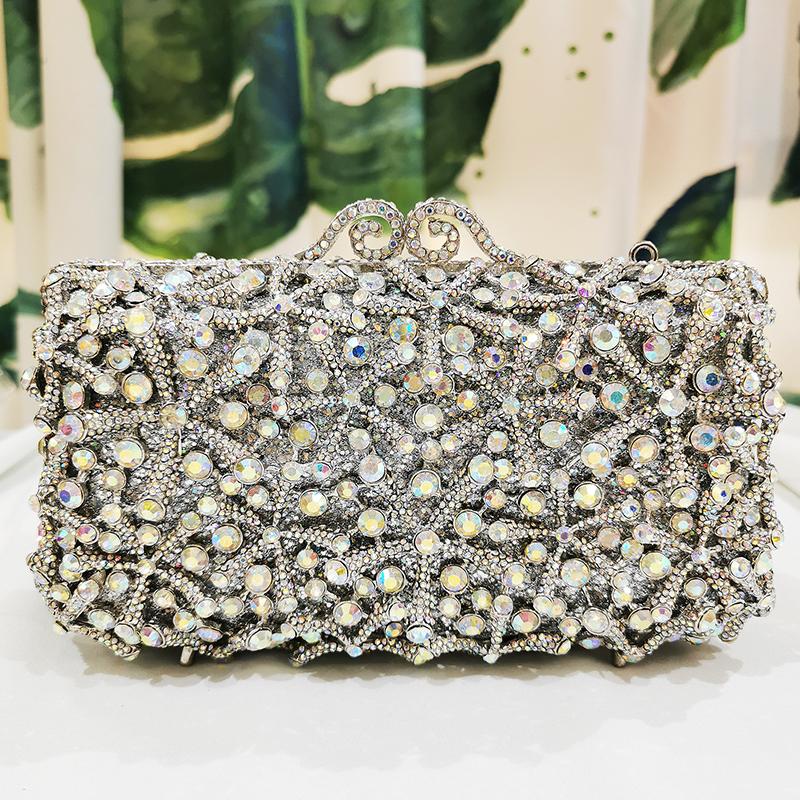 Women AB Diamond Snow Evening Clutch Bag Silver Wedding Bridesmaid Chain Handbags Small Crystal Purses