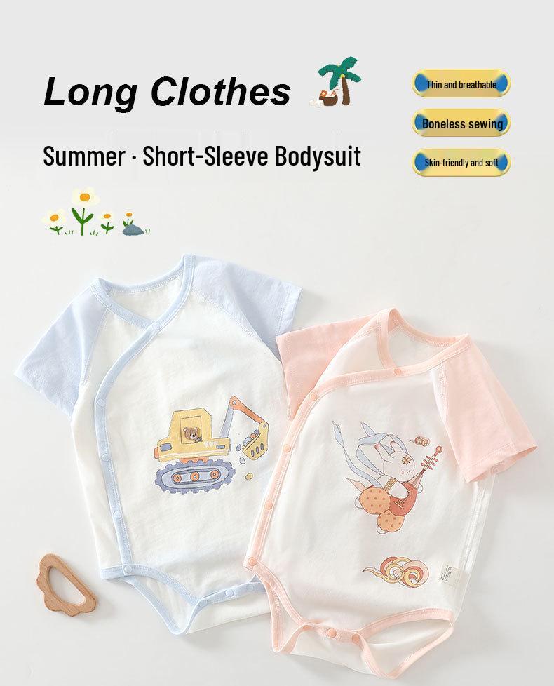 Newborn Baby Cotton Short Sleeve Romper - Triangle Crawling Suit, Lightweight, Snap Crotch, Class A.