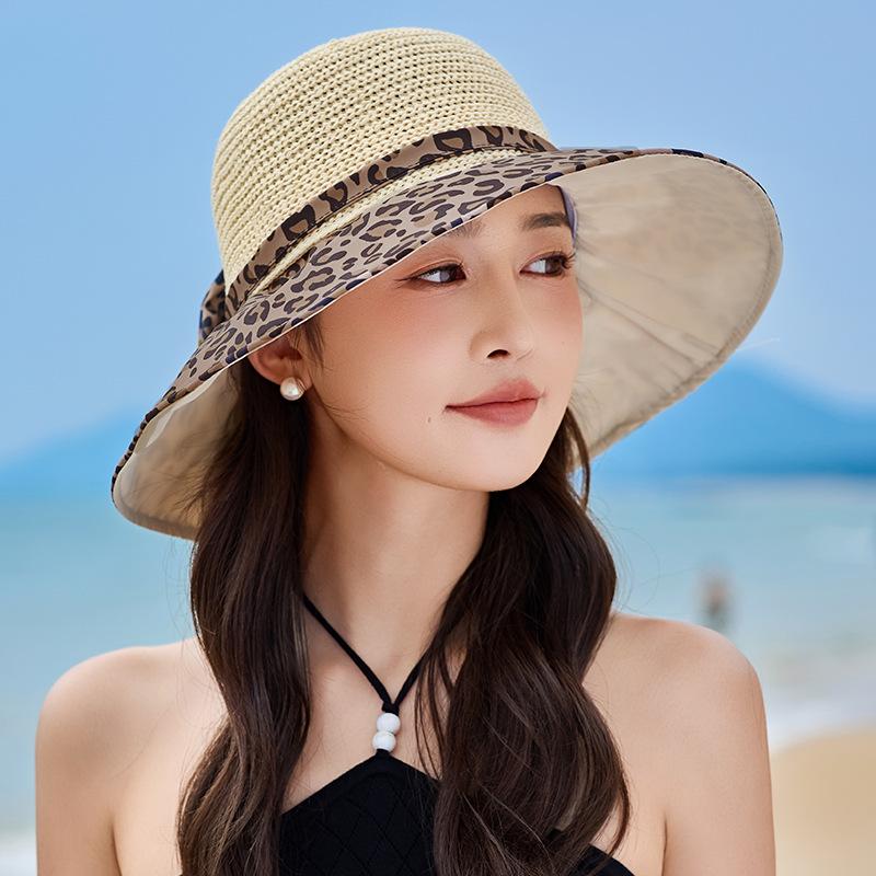 Summer New Hat Women's Sunshade Sunscreen Hat Leopard Print Bow Summer Outdoor UV Protection Bucket Hat