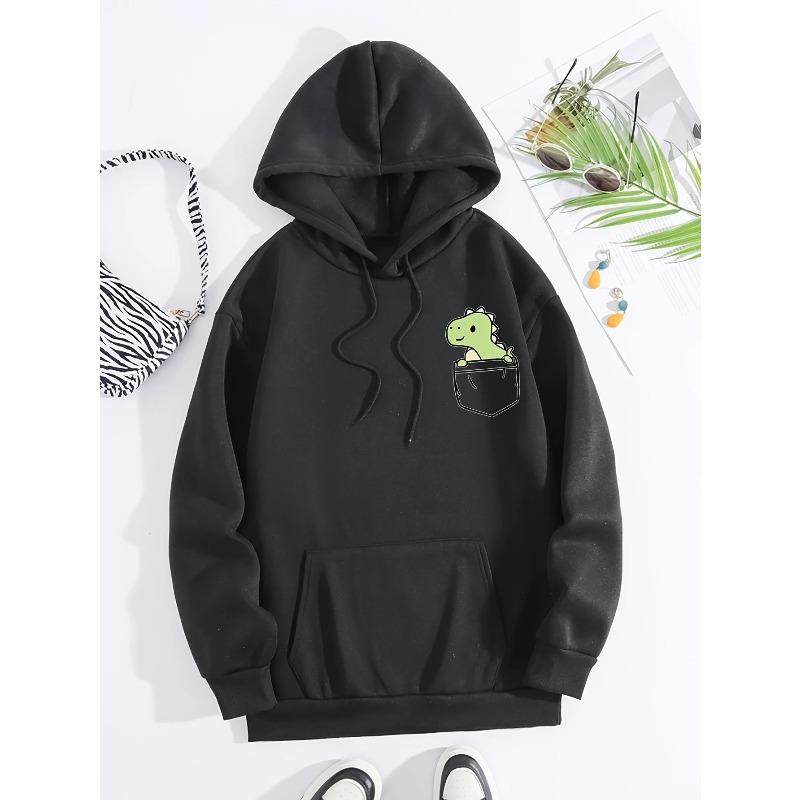 Herbst und Winter Süßes Kleines Dinosaurier Muster Aufgedruckte Hoodies Rundhals Langarm Lässige Damenbekleidung