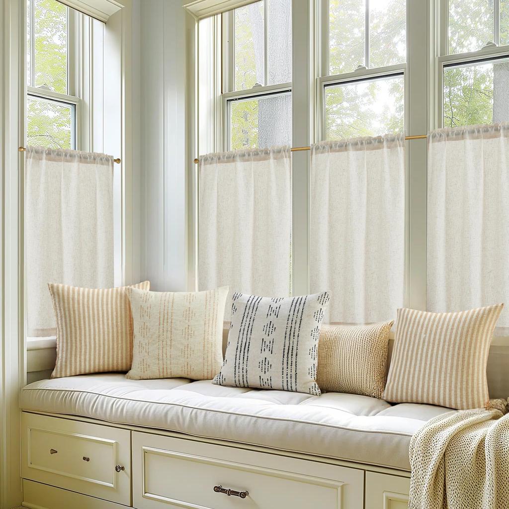 Beige Linen Kitchen Curtains 36 Inch Tier Curtains Farmhouse Cafe Light Filtering Small Window Drapes Flax Country Rustic Rod Pocket