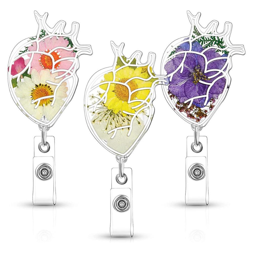 High Resilience Heart Badge Clip Fall-proof Nurse Badge Holder Daisies Pattern Badge Clip  Name Tag