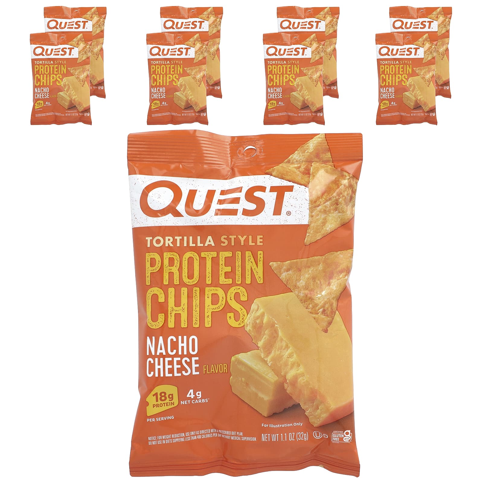 

Quest Nutrition, Tortilla-Style Protein Chips, Nacho Cheese, 8 Packets, 1.1 oz (32 g) Each