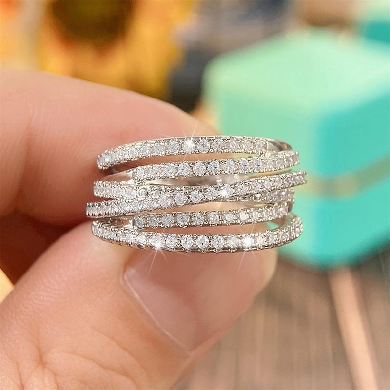 

925 Silver Plated New Fashion Multi-Layered Cross Ring Jewelry Dazzling CZ Stone Daily Wear Statement Rings for Women 10