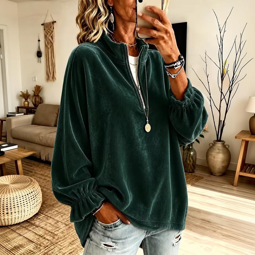 Women's Velvet Zip Up Sweatshirt with Collar Casual Loose Fit Color for Daily Wear