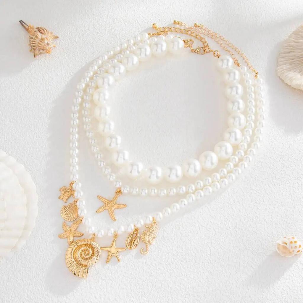 SHIXIN 3Pcs/set Boho Exquisite Imitation Pearl Conch Starfish Pendant Necklace Women Trendy Charm Clavicle Chain Jewelry Gifts