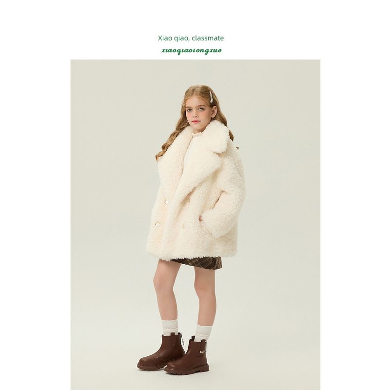 Children's Fur Outwear 2025 Autumn and Winter New Style Girls' Imitation Lamb Wool Little Girl's Fur Outwear Mid-Length Korean Style