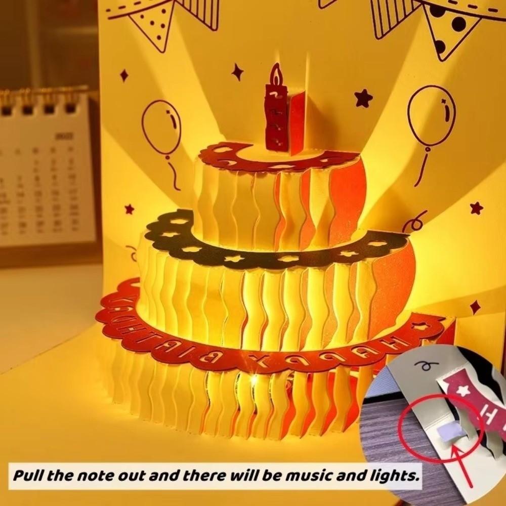 Hollow Carving 3D Cake Birthday Card with Envelope Unique LED Light Pop-Up Card Folding Funny Pop-Up Greeting Card