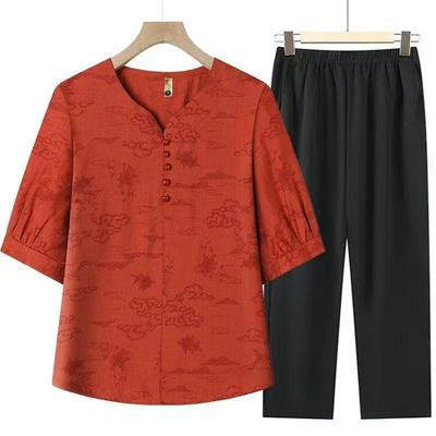 Zweiteiliges Baumwoll-Leinen-T-Shirt-Set für ältere Damen im ethnischen Stil - Omas Sommerstil