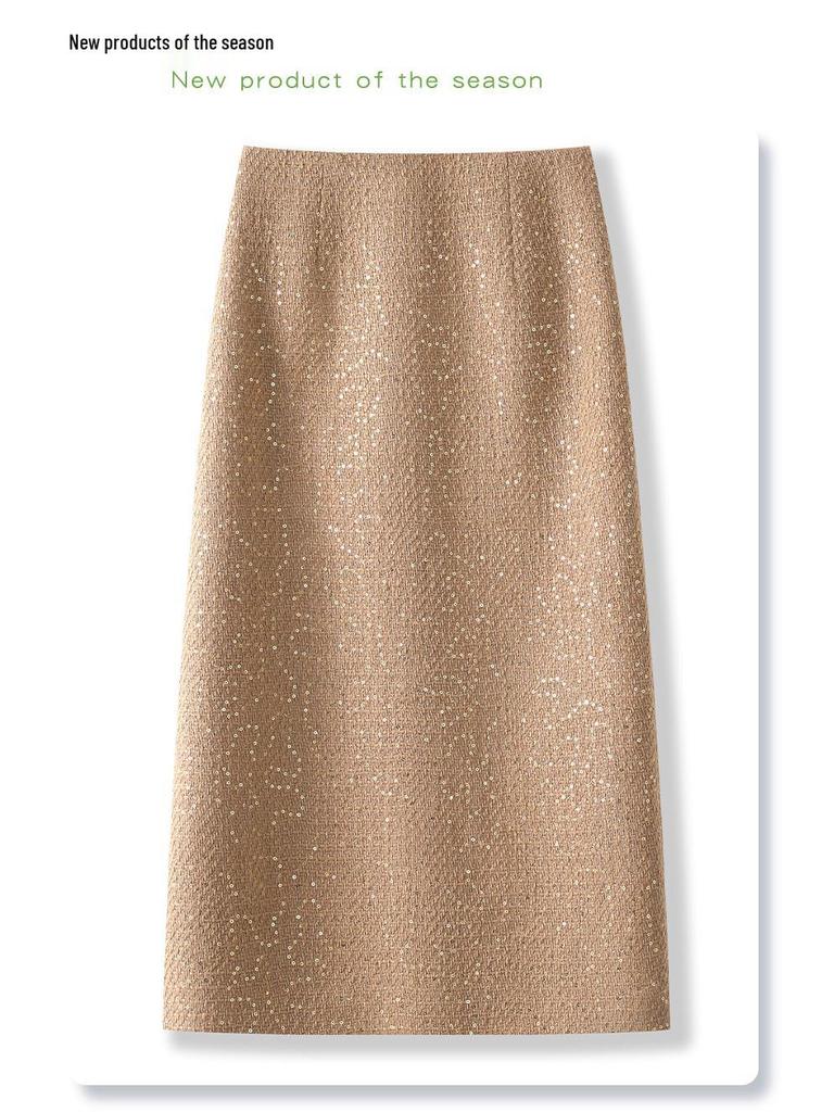 2024 Women's Yellow Sequined Tweed Midi Skirt – Autumn/Winter Straight Bodycon