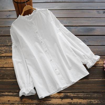 Women Vintage Long Sleeve Breasted Ruffled Crew Neck Blouse Tops