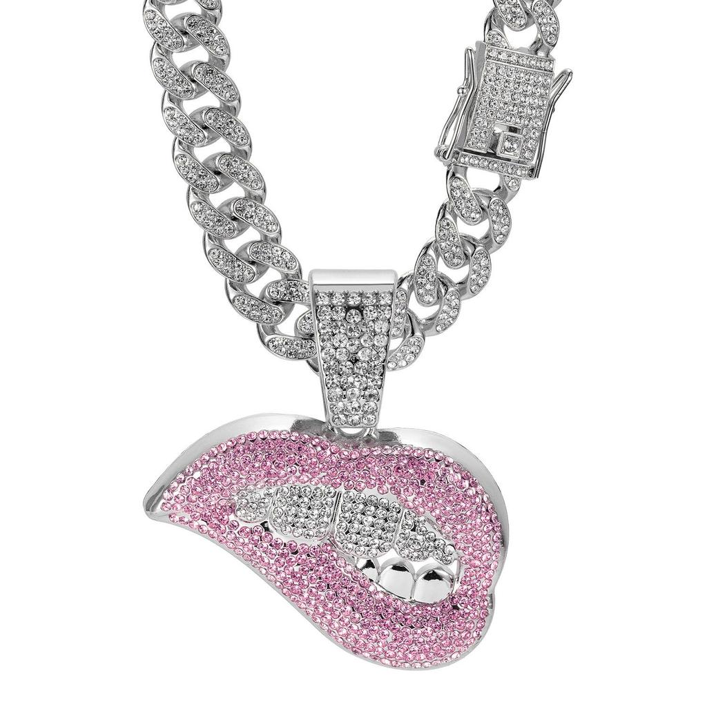 Men's European & American Hip-Hop Cuban Chain Necklace with Lip Pendant & Full Diamond Zinc Alloy.
