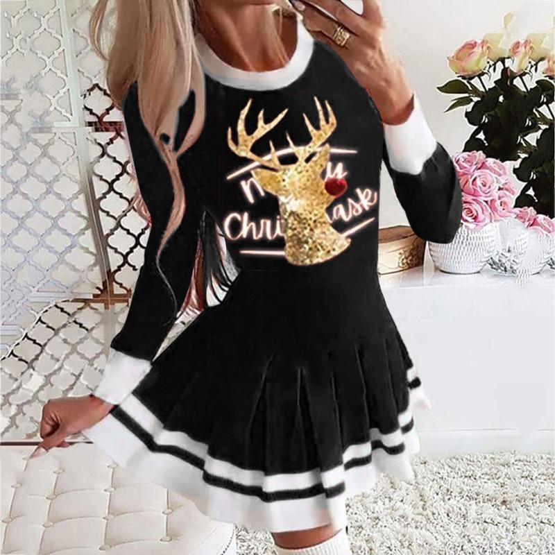 

black red blue reindeer print long sleeve pleated Christmas dress for women S чёрный