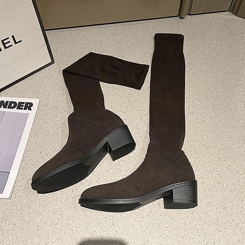 Spring Autumn Elastic Middle Heel Pointed Toe Women's Thigh High Boots Gyaru Cosplay Goth Ladies Sock Above Over The Knee Shoes