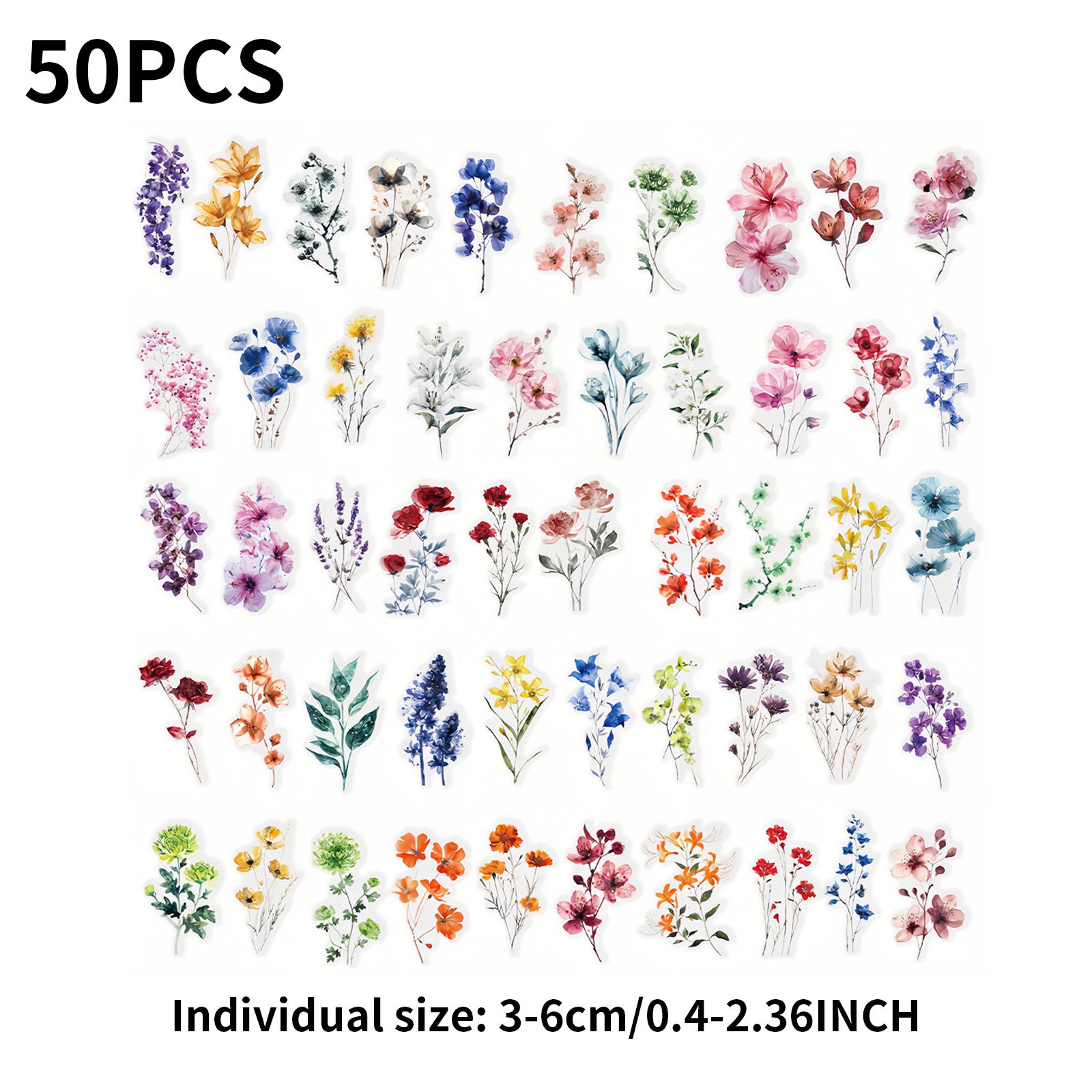 50-Piece Watercolor Floral Sticker Pack for Instagram Waterproof Transparent PET Material Flower Decorations for Handmade Notebo