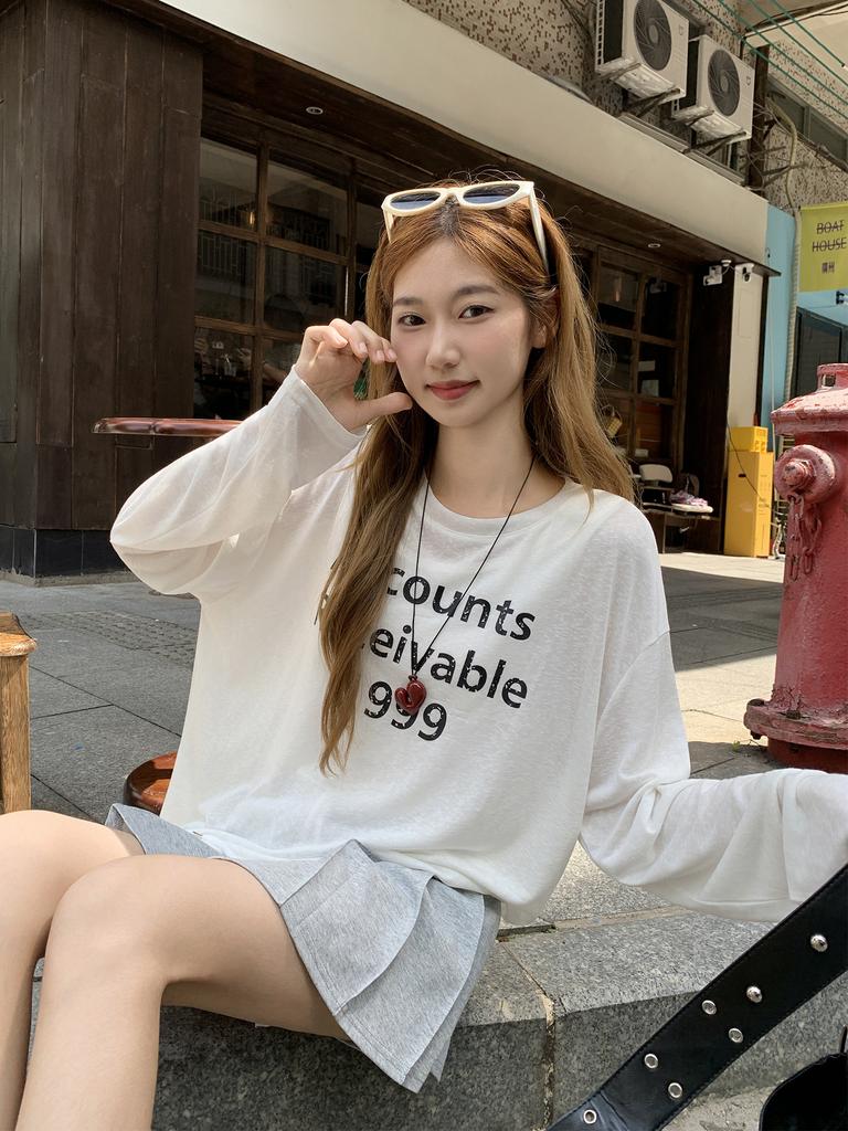 Thin large-scale letter-printed white sunscreen blouse T-shirt for women's summer new outer micro-transparent top