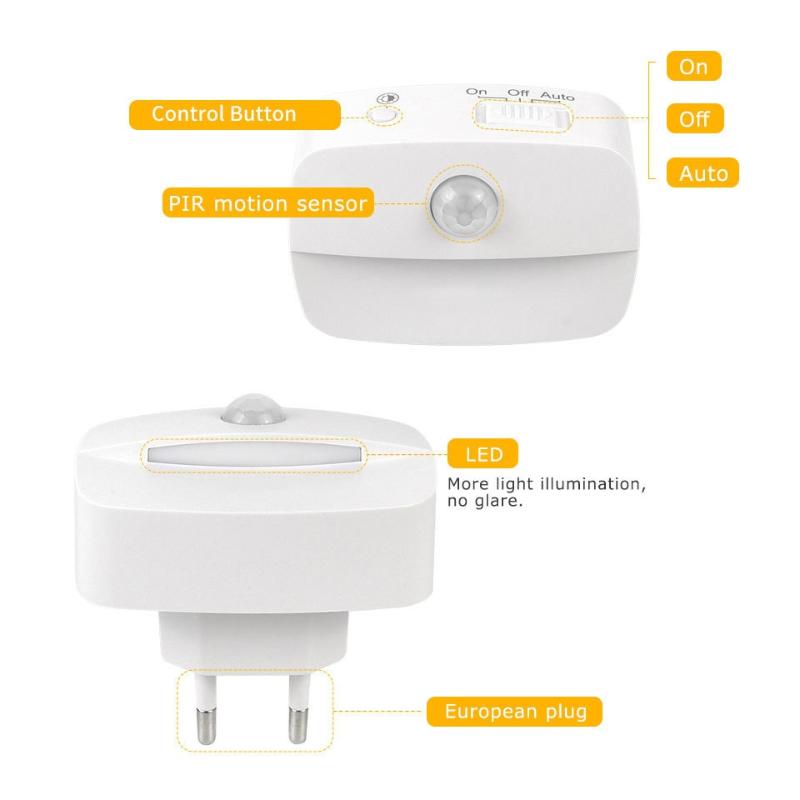 LED Motion Sensor Night Light Plug In EU US Plug Soft Warm Wall Lamp for Baby Kids Room Stairs