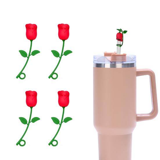Rose Flower Straw Cover BPA Silicone Spill Reusable Dust-proof No Free 6-10MM Tumbler Straw