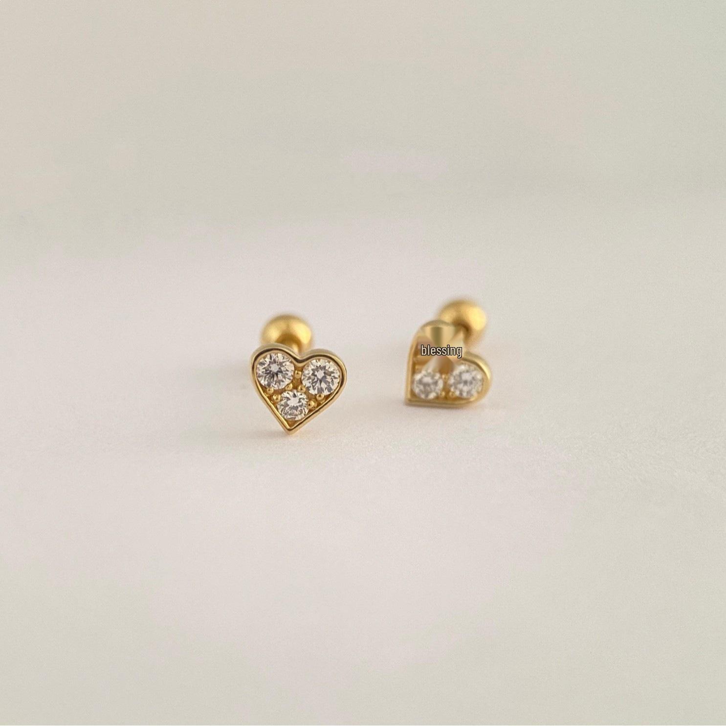 S925 Sterling Silver 14K Gold-Plated Heart Zircon Ear Cartilage Stud, Safe for Bathing and Sleeping 14K Gold Pair (with screw studs)