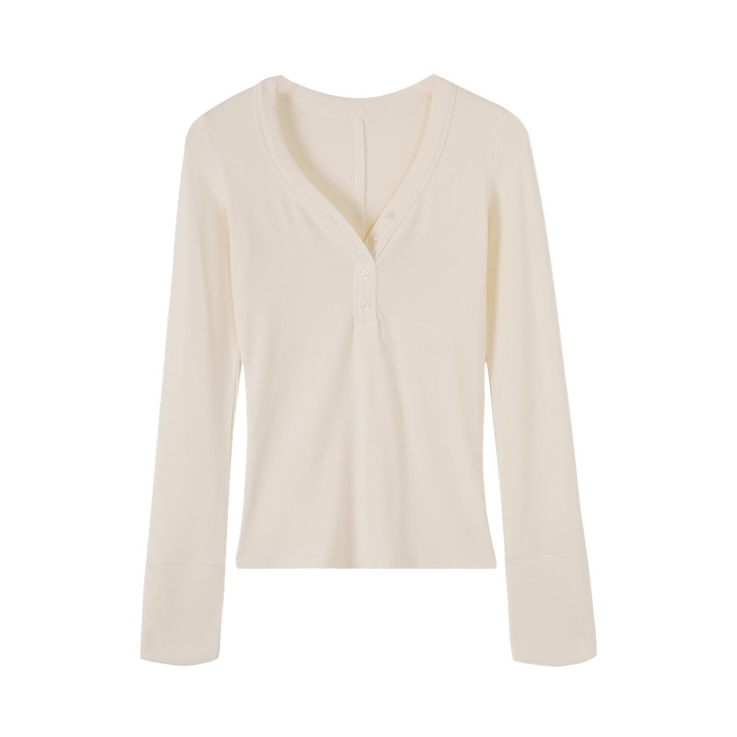 

Korean V-Neck Waist-Cinched Slimming Long-Sleeve Top for Women - Autumn/Winter Casual Style S брудно-білий