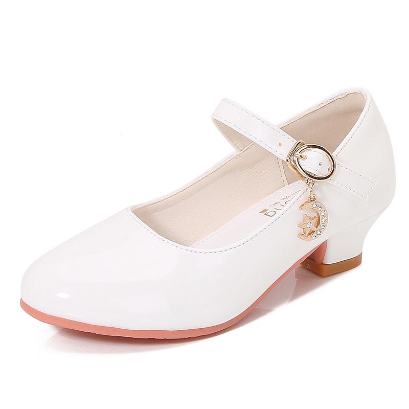 Girls' White Leather High Heels - New 2025 Princess Dance Shoes for Students, Sizes 25-40