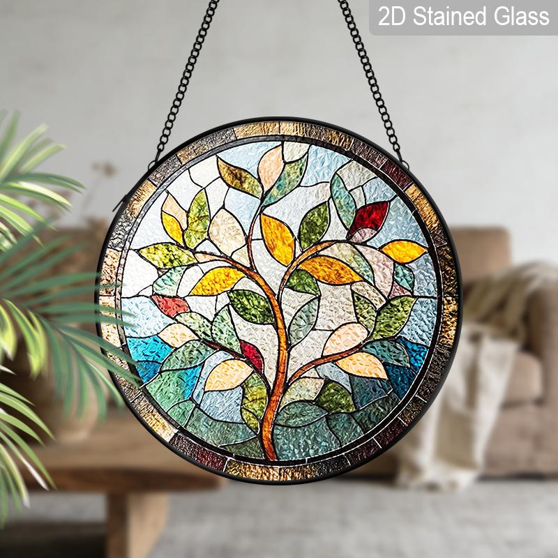 2D Flat Stained Glass Nature Branches and Leaves Window Decoration, 6.3/7.87inches Colored Glass Plate with Chain, Charming Spring Summer Sun Catcher