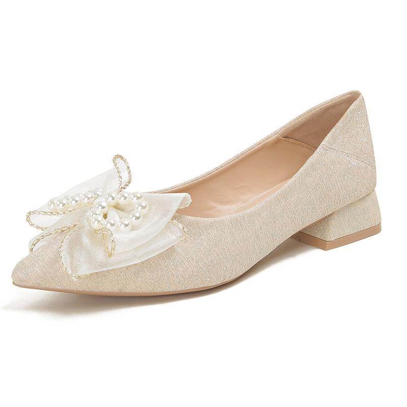 Pointed single shoes women's new thick heel fairy shoes light mouth pearl bow middle heel ladyshoes