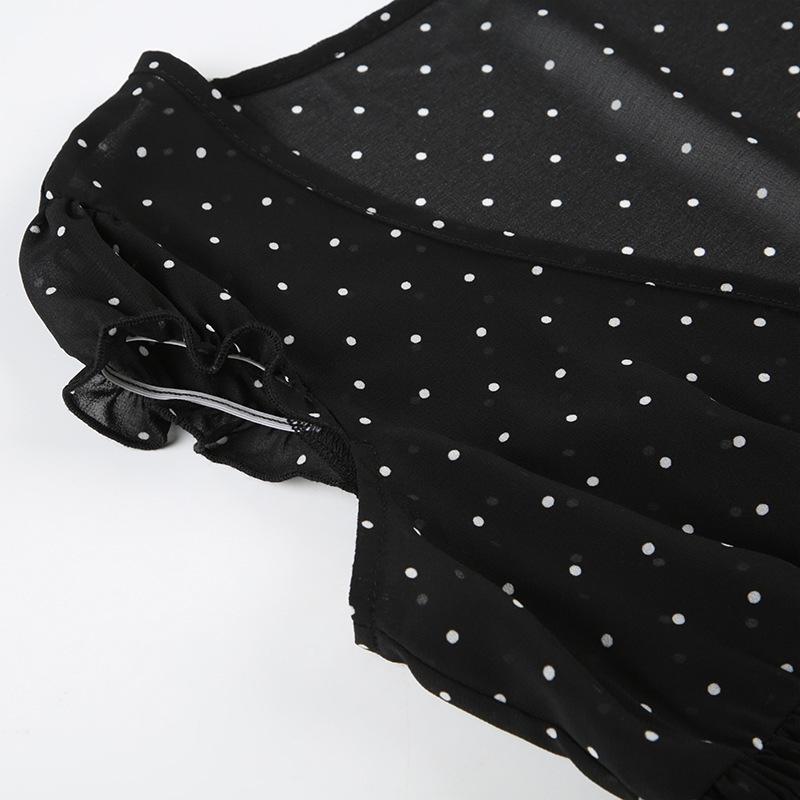 Korean Style Sheer Polka Dot V-Neck Mesh Top with Waist-Cinching Short Sleeves
