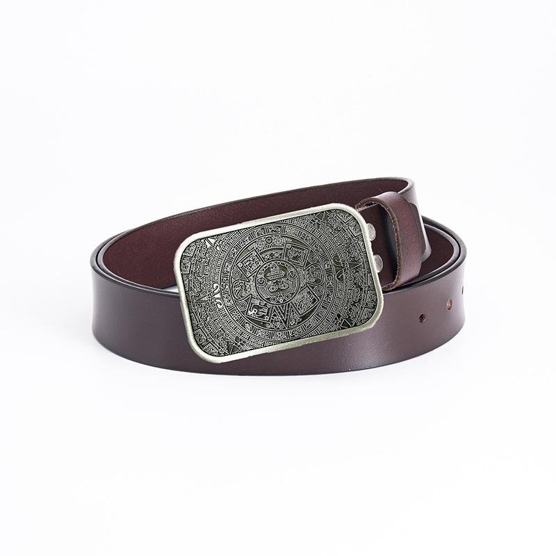 Glossy Whole Cowhide Belt, Zinc Alloy Ancient Tin Aztec Calendar Belt, Retro Large Size Pure Leather Belt.